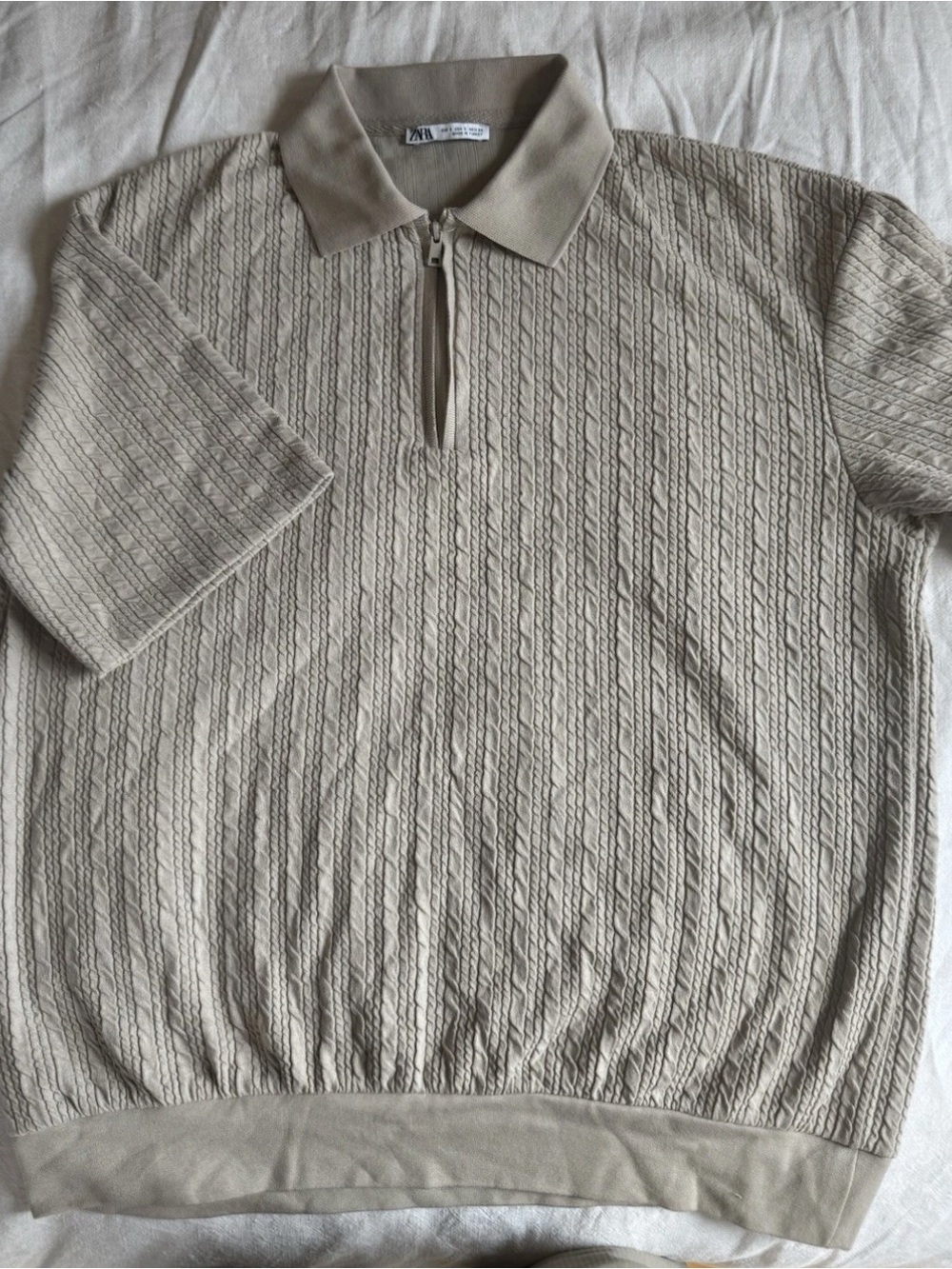 Zara Men Light Beige Textured Zip-Neck Polo